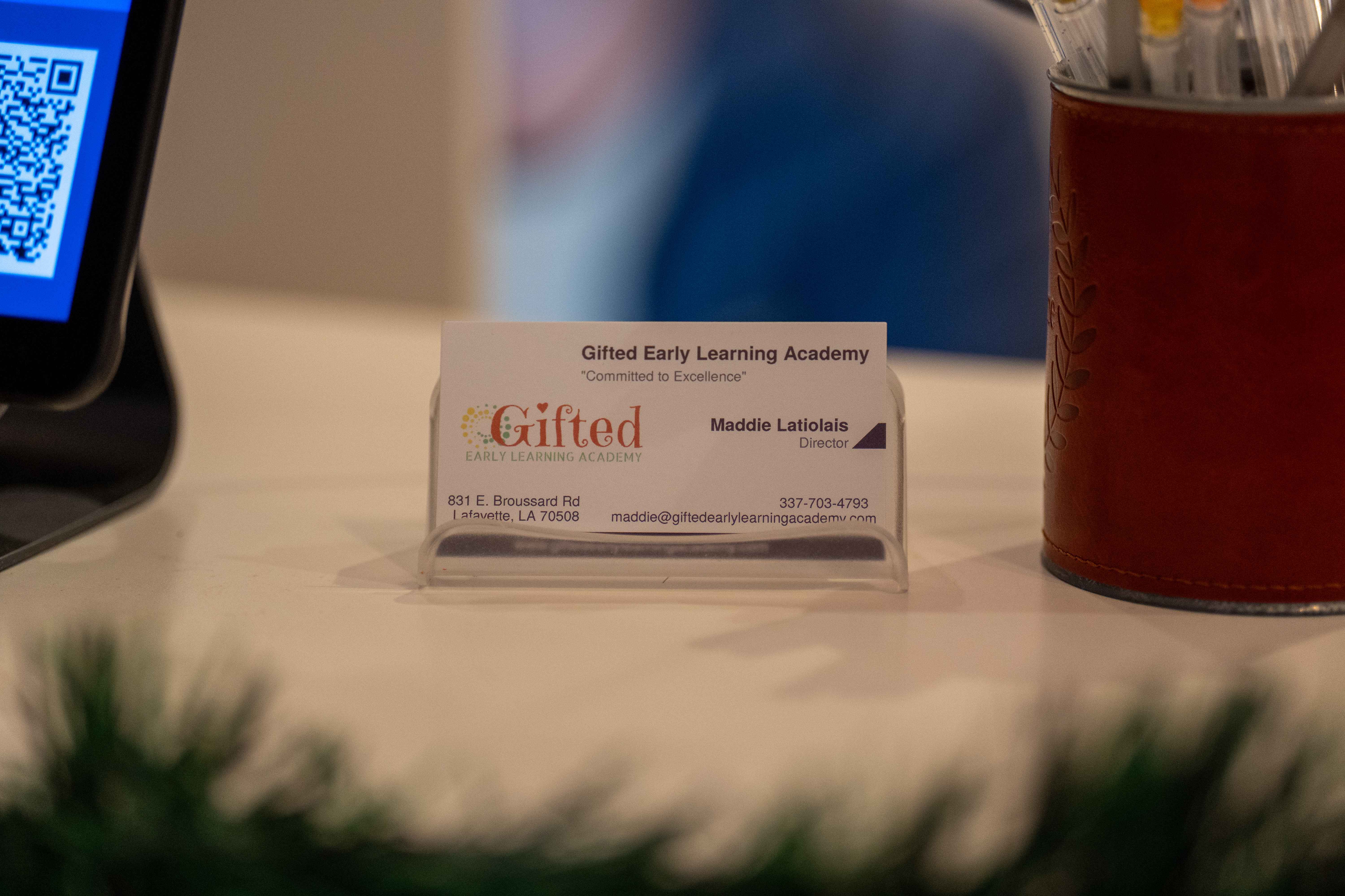 Gifted Early Learning Academy business card on desk